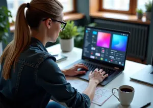 UX/UI дизайнер работает за ноутбуком с прототипами интерфейса и дизайнерскими инструментами