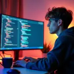 Молодой программист за ноутбуком занимается fullstack разработкой, на экране коды и интерфейсы, символизирующие обучение и работу