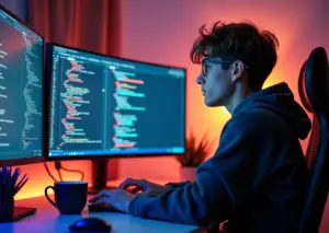 Молодой программист за ноутбуком занимается fullstack разработкой, на экране коды и интерфейсы, символизирующие обучение и работу