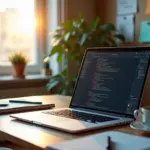 Рабочее место с ноутбуком, на экране которого открыт код HTML и CSS, окружённое блокнотами и ручками, символизирующее обучение созданию сайтов