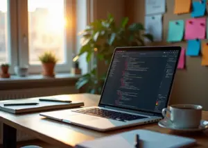Рабочее место с ноутбуком, на экране которого открыт код HTML и CSS, окружённое блокнотами и ручками, символизирующее обучение созданию сайтов