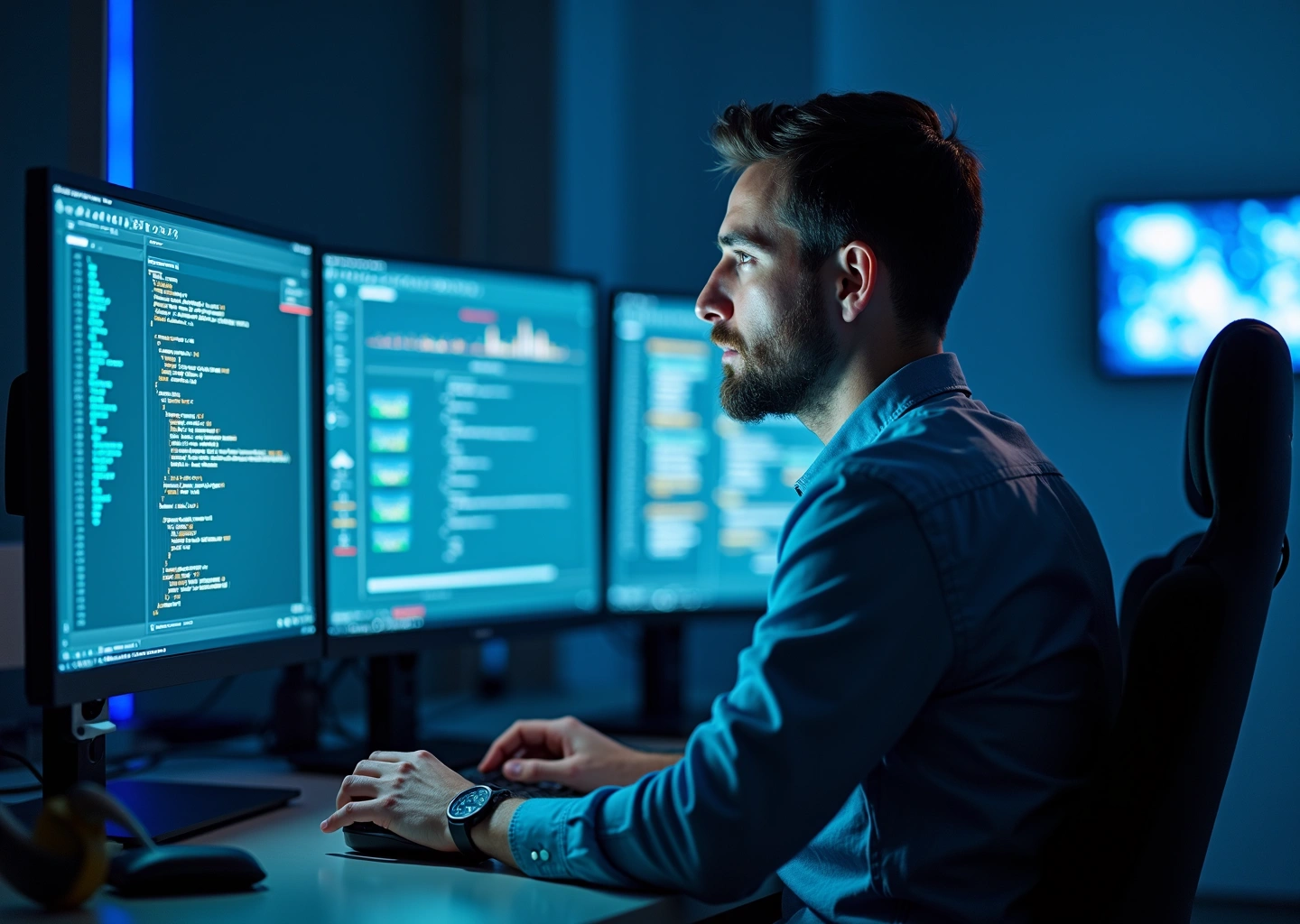 IT специалист работает за компьютером с элементами DevOps и автоматизации на экране