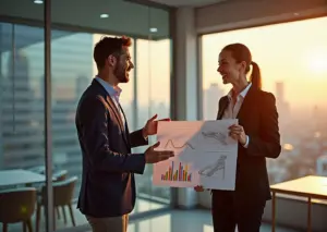 Два профессионала обсуждают планы: один с доской управления проектом и графиками, другой с чертежом дизайна продукта