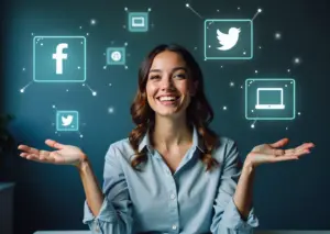 Специалист, представляющий личный бренд в цифровом пространстве с символами социальных сетей и онлайн-обучения