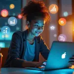 Рабочее место с ноутбуком и смартфоном, иконки соцсетей, графики аналитики и материалы курсов по SMM 2026