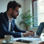 Профессиональный IT-специалист составляет резюме на ноутбуке среди символов навыков и технологий в современной рабочей среде