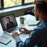 Менеджер продукта проводит CustDev интервью удалённо за ноутбуком, рядом стикеры, скрипт интервью и график метрик