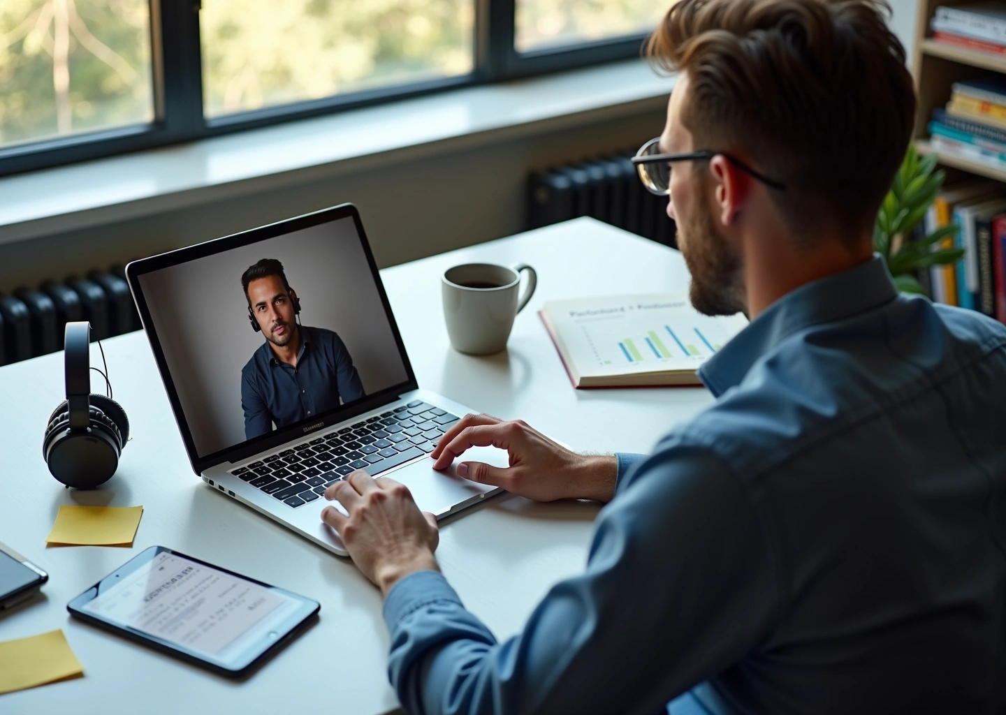 Менеджер продукта проводит CustDev интервью удалённо за ноутбуком, рядом стикеры, скрипт интервью и график метрик