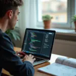 Кандидат готовится к техническому собеседованию за ноутбуком: код на экране, чек‑лист и заметки по системному дизайну на столе