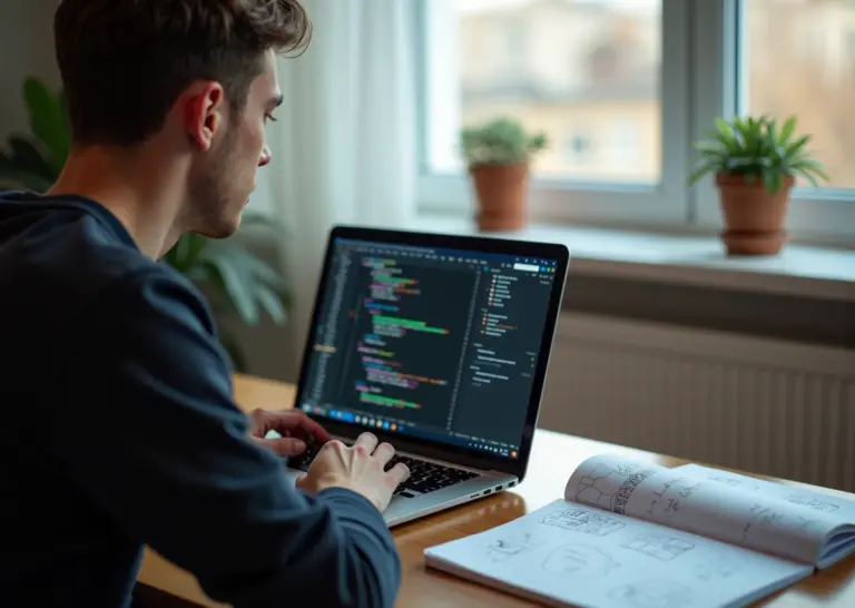 Кандидат готовится к техническому собеседованию за ноутбуком: код на экране, чек‑лист и заметки по системному дизайну на столе