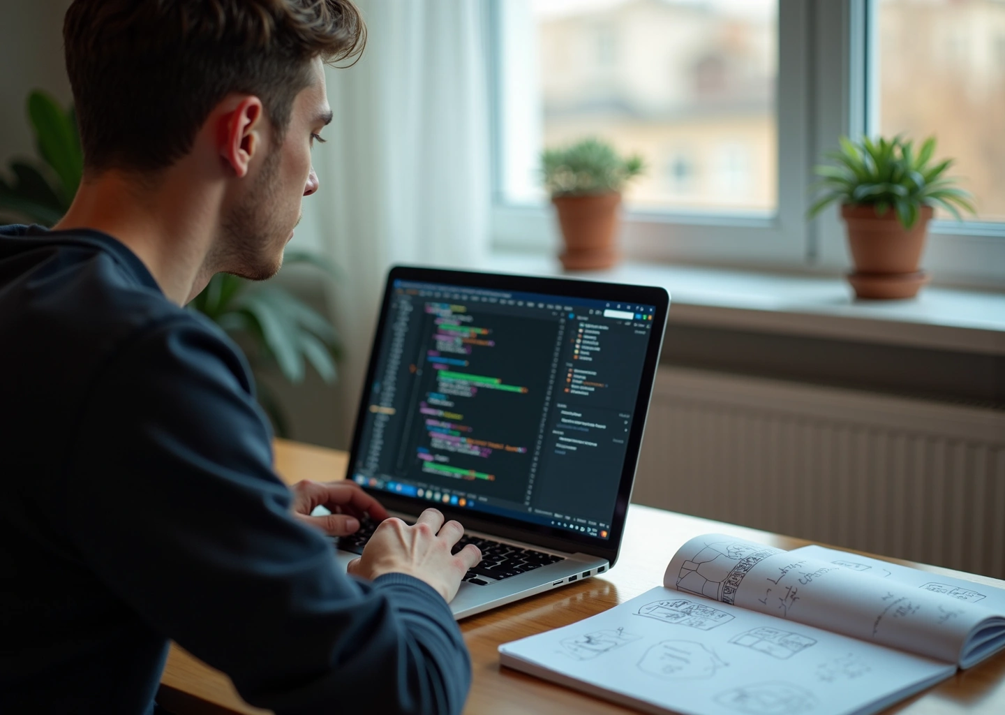 Кандидат готовится к техническому собеседованию за ноутбуком: код на экране, чек‑лист и заметки по системному дизайну на столе