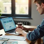 Человек за ноутбуком оформляет оплату онлайн‑курса в рассрочку на смартфоне рядом лежит договор и купюры рублей