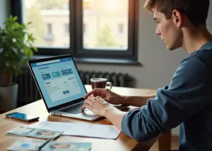 Человек за ноутбуком оформляет оплату онлайн‑курса в рассрочку на смартфоне рядом лежит договор и купюры рублей