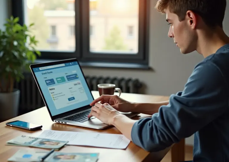 Человек за ноутбуком оформляет оплату онлайн‑курса в рассрочку на смартфоне рядом лежит договор и купюры рублей