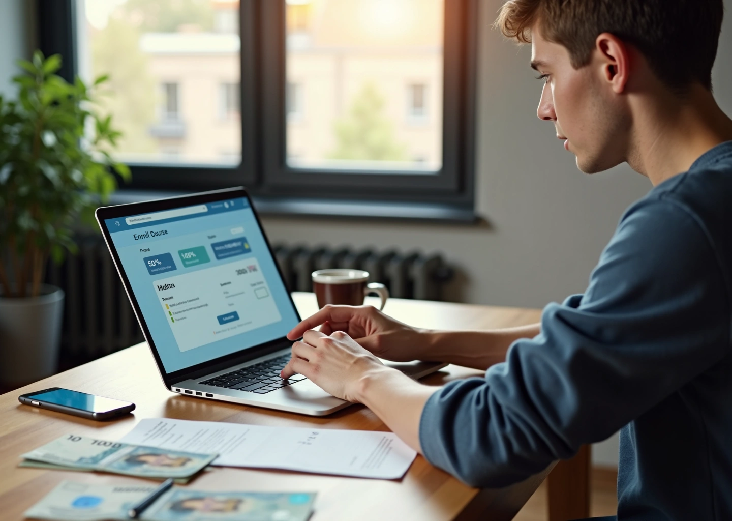 Человек за ноутбуком оформляет оплату онлайн‑курса в рассрочку на смартфоне рядом лежит договор и купюры рублей