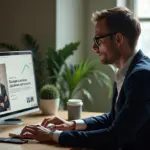 Копирайтер‑маркетолог работает за ноутбуком, на экране лендинг курса и график конверсии, рядом блокнот с портретом клиента и смартфон с письмом