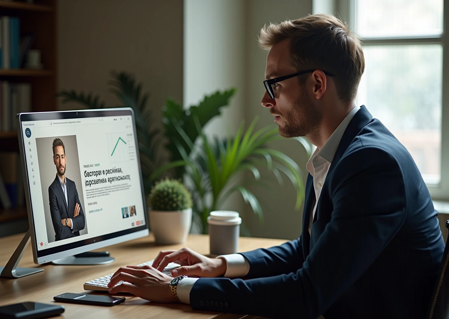 Копирайтер‑маркетолог работает за ноутбуком, на экране лендинг курса и график конверсии, рядом блокнот с портретом клиента и смартфон с письмом