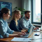 Команда IT‑специалистов за ноутбуками: код, аналитика и облачная архитектура на экранах, символизирующие востребованные профессии в 2026 году