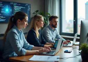 Команда IT‑специалистов за ноутбуками: код, аналитика и облачная архитектура на экранах, символизирующие востребованные профессии в 2026 году