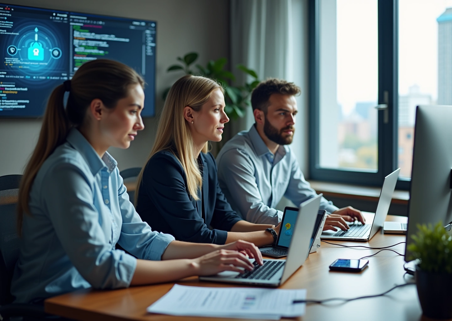 Команда IT‑специалистов за ноутбуками: код, аналитика и облачная архитектура на экранах, символизирующие востребованные профессии в 2026 году