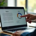 Рабочий стол с ноутбуком, на экране показаны плохой и улучшенный варианты слайда; человек обсуждает изменения — иллюстрация исправления ошибок в дизайне презентаций