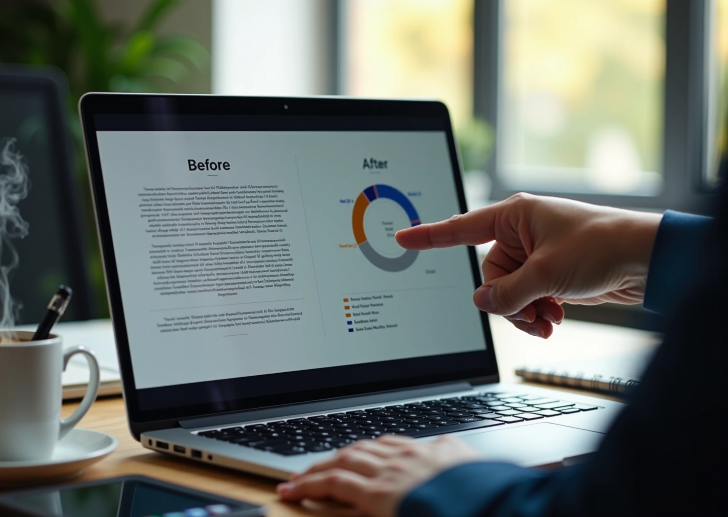 Рабочий стол с ноутбуком, на экране показаны плохой и улучшенный варианты слайда; человек обсуждает изменения — иллюстрация исправления ошибок в дизайне презентаций