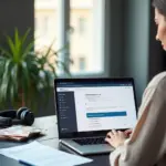 Человек за ноутбуком оформляет документы для налогового вычета за обучение: на экране сайт налоговой, рядом договор и платёжные документы