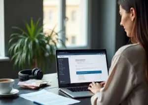 Человек за ноутбуком оформляет документы для налогового вычета за обучение: на экране сайт налоговой, рядом договор и платёжные документы