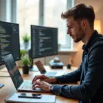 Человек за ноутбуком в домашнем офисе с эскизами и экраном портфолио кодом и dashboard, обозначающими pet‑проект и онлайн‑курсы