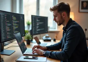 Человек за ноутбуком в домашнем офисе с эскизами и экраном портфолио кодом и dashboard, обозначающими pet‑проект и онлайн‑курсы