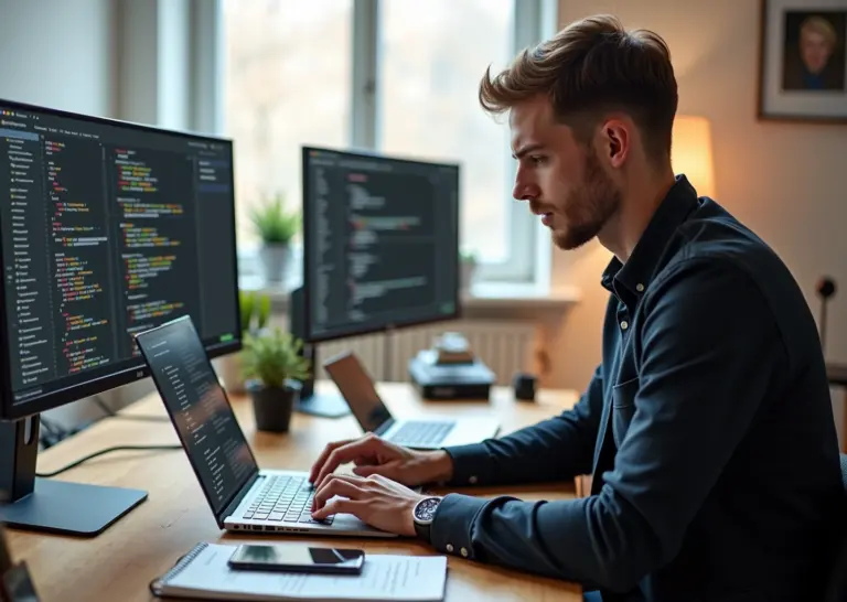 Человек за ноутбуком в домашнем офисе с эскизами и экраном портфолио кодом и dashboard, обозначающими pet‑проект и онлайн‑курсы