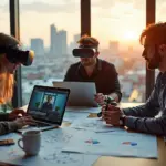 Группа молодых профессионалов в коворкинге с ноутбуками, VR, роботом и схемами навыков на фоне городской панорамы