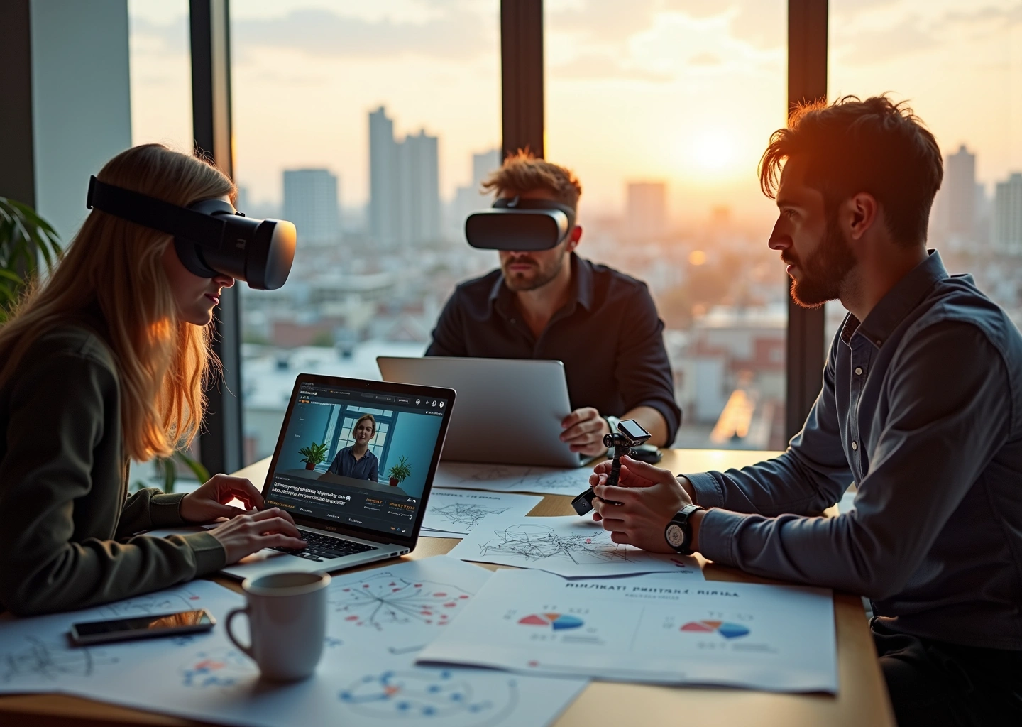 Группа молодых профессионалов в коворкинге с ноутбуками, VR, роботом и схемами навыков на фоне городской панорамы