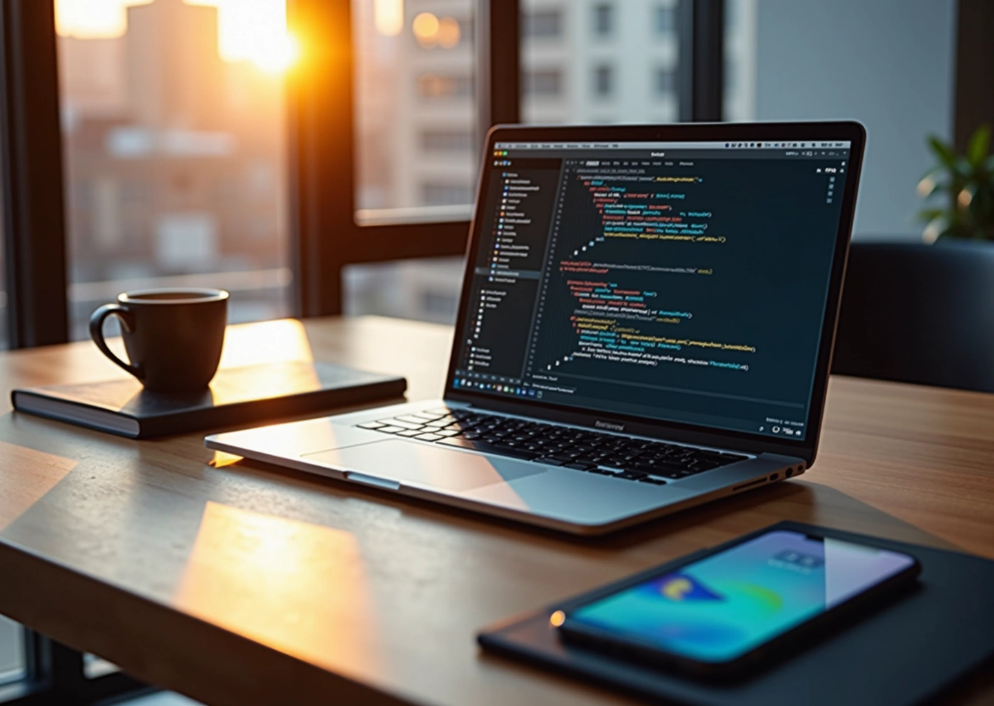 Современное рабочее место с ноутбуком, на экране которого показан код приложений для Android и iOS, рядом мобильные устройства и учебные материалы