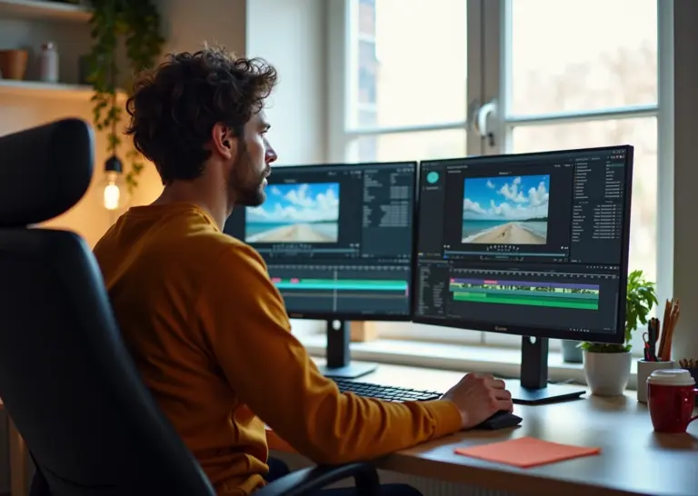 Начинающий видеомонтажер за рабочим столом с мониторами и программой для монтажа видео