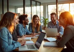 Люди на деловой встрече обмениваются контактами и обсуждают идеи в современном офисе