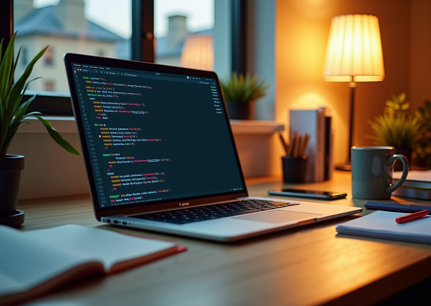 Современное рабочее место с ноутбуком, на экране которого показаны фрагменты кода на Python, Java и JavaScript, символизирующее обучение программированию