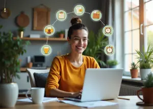 Уверенный фрилансер работает за ноутбуком в уютном домашнем офисе с заметками и кофе, окружённый иконками, символизирующими развитие навыков, онлайн обучение, управление временем и коммуникацию