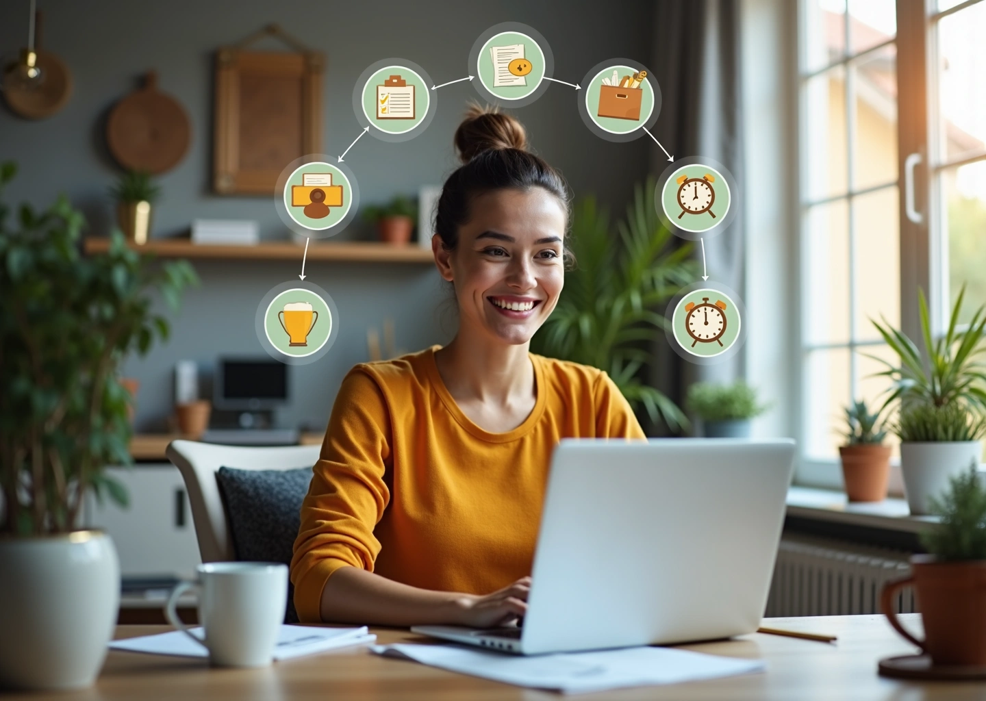 Уверенный фрилансер работает за ноутбуком в уютном домашнем офисе с заметками и кофе, окружённый иконками, символизирующими развитие навыков, онлайн обучение, управление временем и коммуникацию