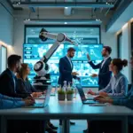 Современный офис с профессионалами, работающими вместе с искусственным интеллектом, символизирующий изменения на рынке труда в России