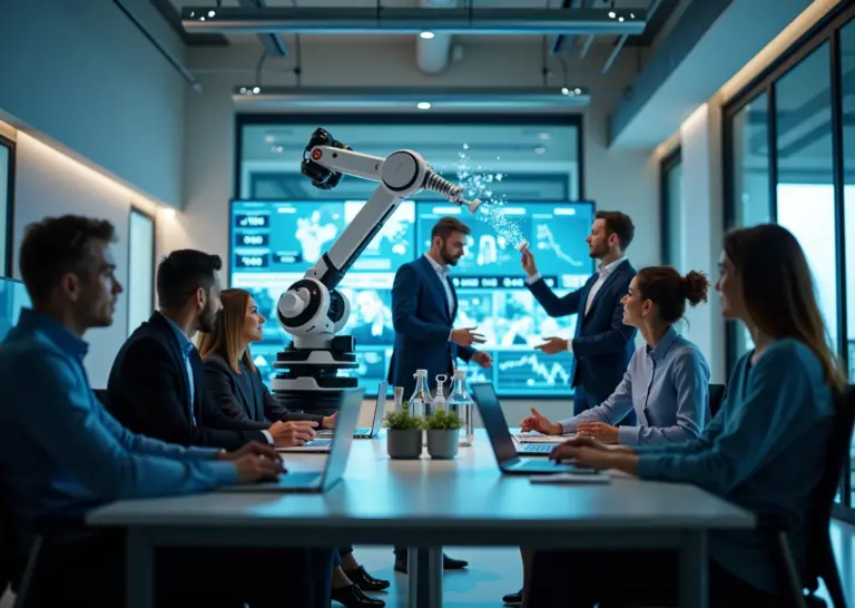 Современный офис с профессионалами, работающими вместе с искусственным интеллектом, символизирующий изменения на рынке труда в России